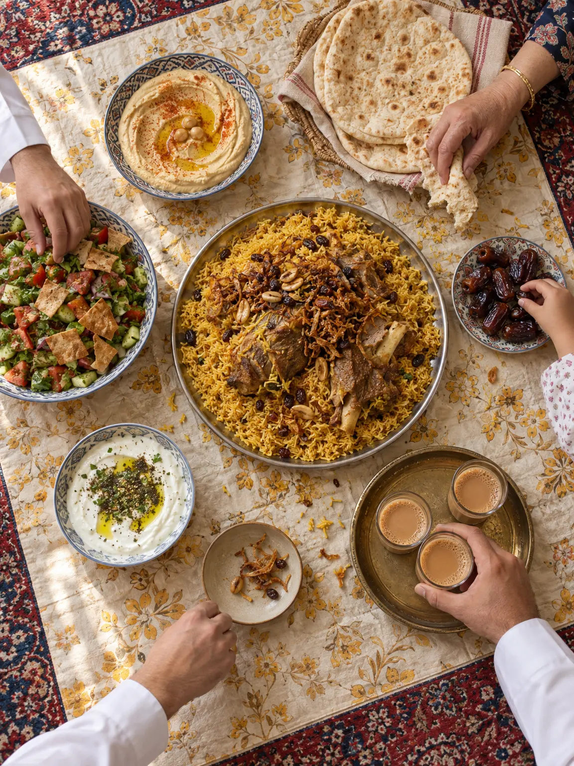 A family lunch on a sufra, seen from above: lamb machboos in the middle, fattoush, hummus, bread, dates, laban and karak, with hands reaching in.
