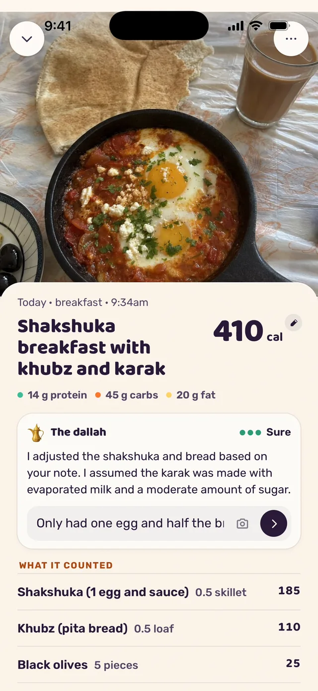 The same breakfast at 410 calories after “Only had one egg and half the bread”, with what it counted.
