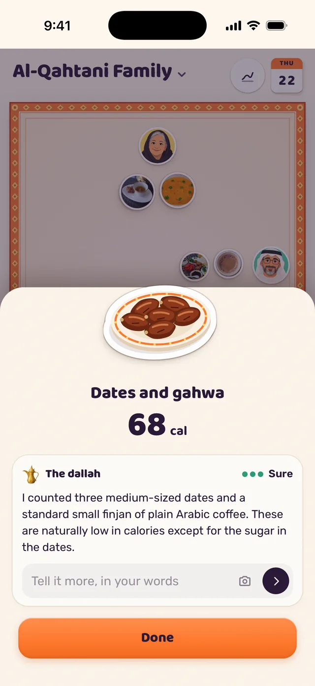The dallah read “3 dates and a small cup of gahwa with my mom” as dates and gahwa, 68 calories, and says what it counted.